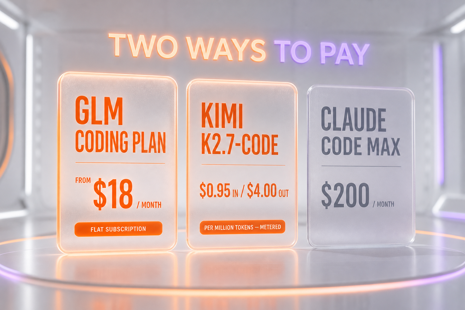 Flat subscription from 18 dollars per month versus metered 0.95 input and 4 dollars output per million tokens versus 200 dollars Claude Code Max