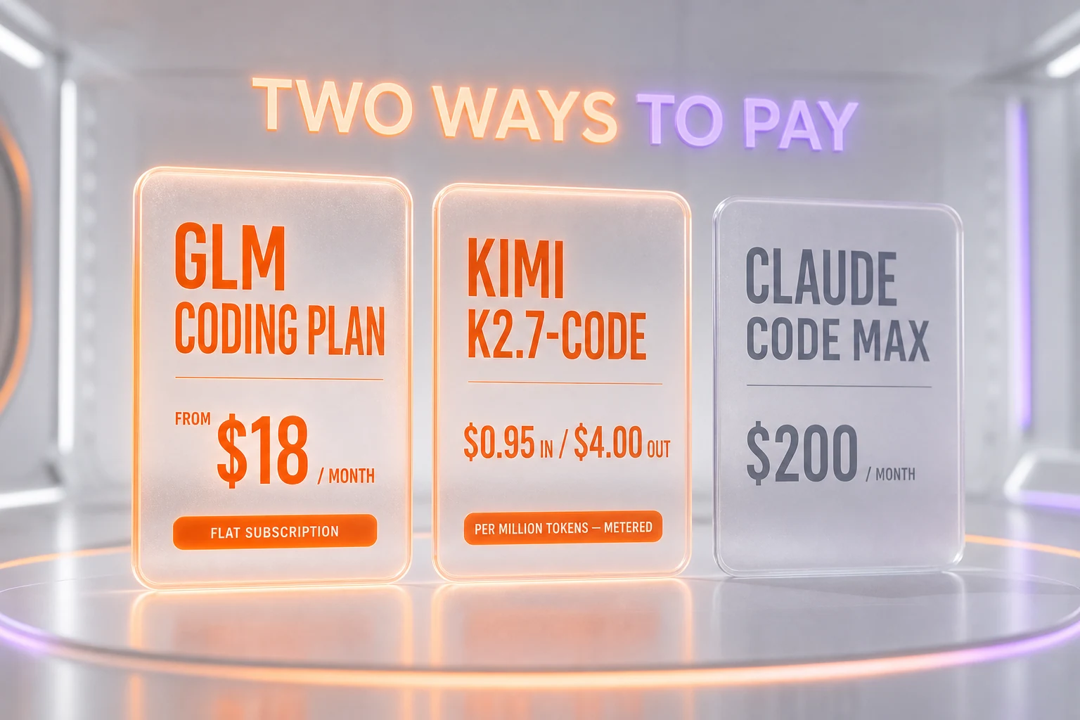 Flat subscription from 18 dollars per month versus metered 0.95 input and 4 dollars output per million tokens versus 200 dollars Claude Code Max