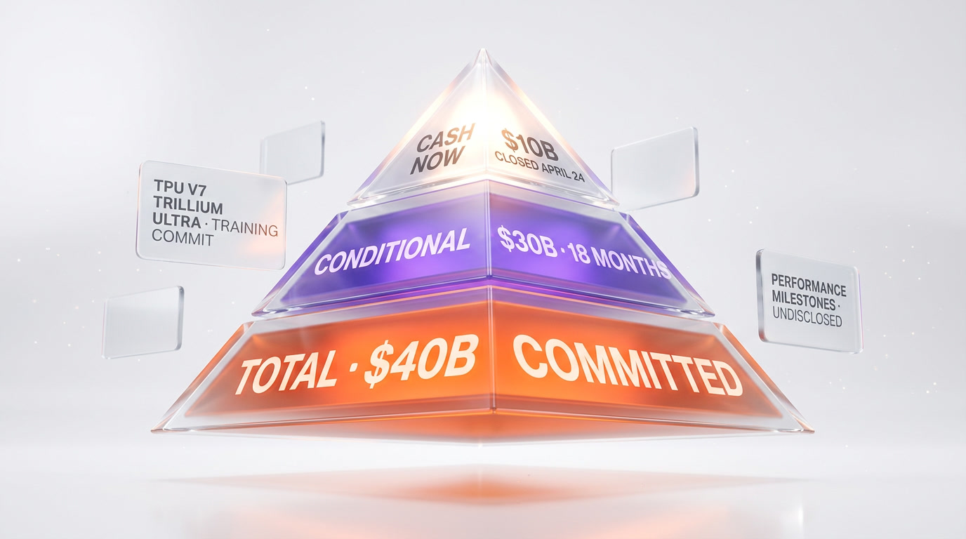 Glass pyramid with three tiers showing $10 billion cash now, $30 billion conditional, and $40 billion total investment structure