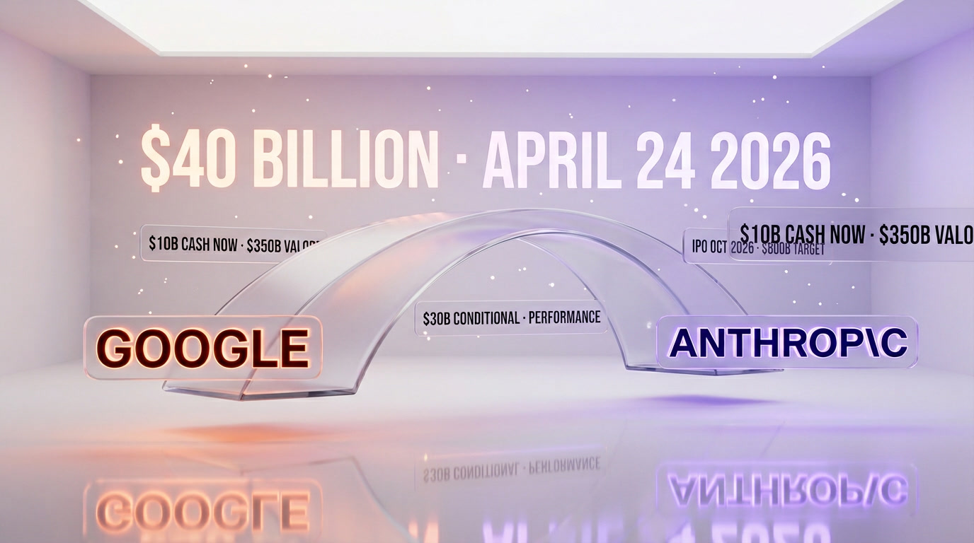 Glass bridge connecting Google and Anthropic logos with floating $40 billion holographic cards showing deal structure