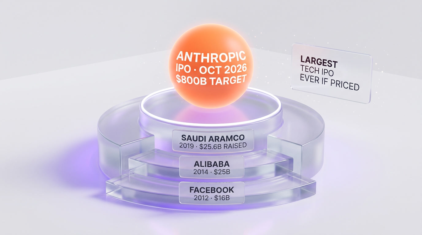 Glass podium with Anthropic IPO October 2026 label compared to biggest tech IPOs in history at 800 billion dollar target