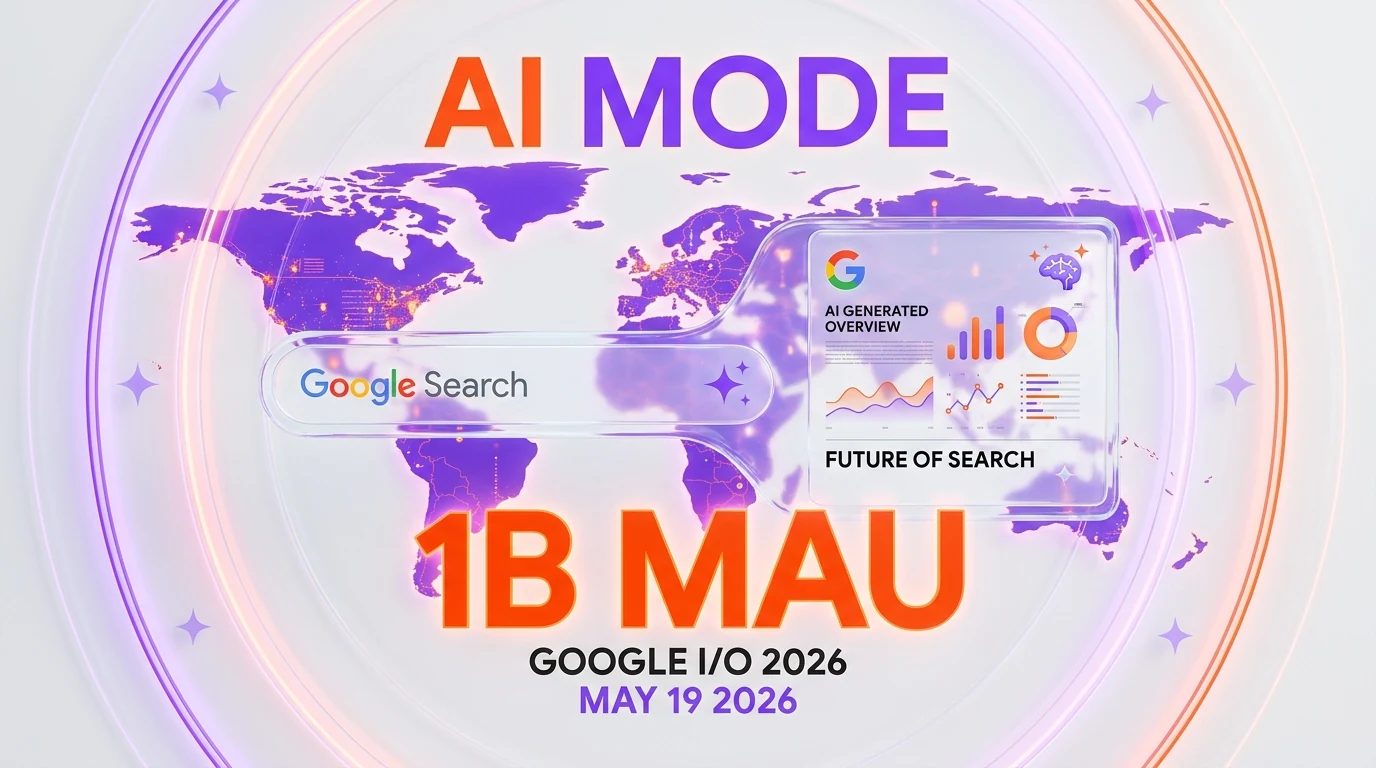 Google AI Mode passes 1 billion monthly active users at Google I/O 2026 — orange and violet glassmorphism dashboard