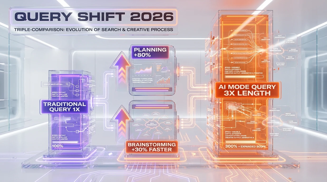 AI Mode query length 3x traditional search, planning queries +80%, brainstorming +30% — Google I/O 2026