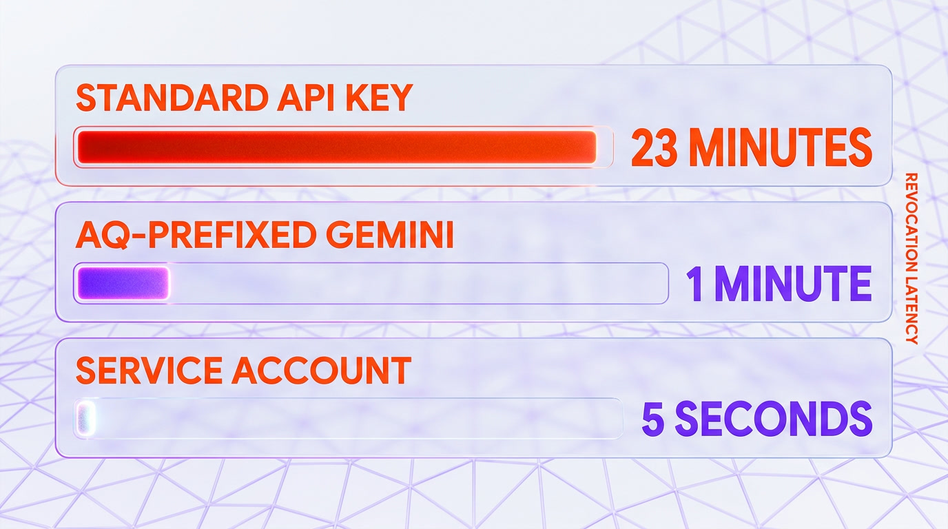 Google Cloud security stack diagram contrasting standard API key 23-minute lag vs AQ-prefixed 1-minute vs service account 5-second revocation latency