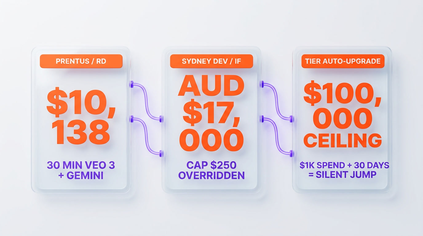 Three-panel forensic of Google billing exploits — Rod Danan $10138 in 30 minutes, Isuru Fonseka AUD 17K capped at $250, tier auto-upgrade $100000 ceiling visualized