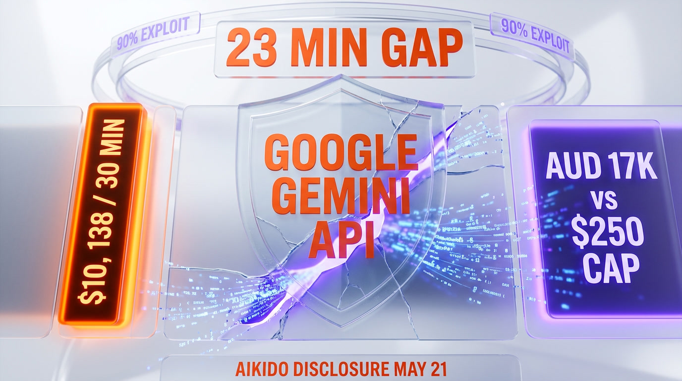 Google AI security crisis hero — 23-minute revocation window with $10,138 and AUD 17K exploit data labels in glassmorphism orange and violet