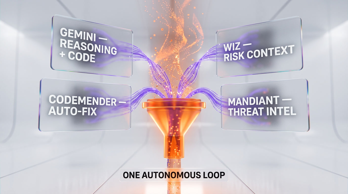 Google AI Threat Defense architecture — Gemini, Wiz, CodeMender, Mandiant feeding one autonomous pipeline