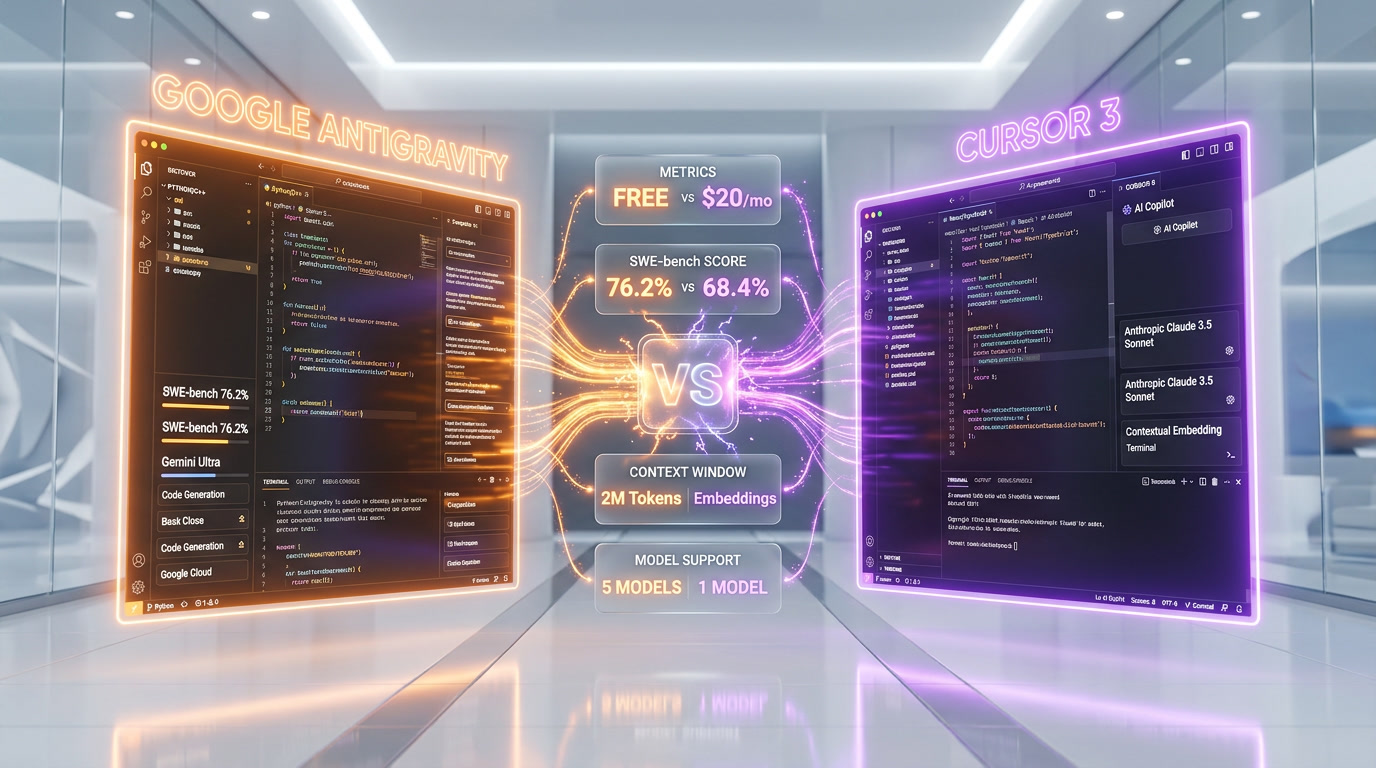 Side-by-side comparison of Google Antigravity Manager Surface and Cursor 3 Agents Window
