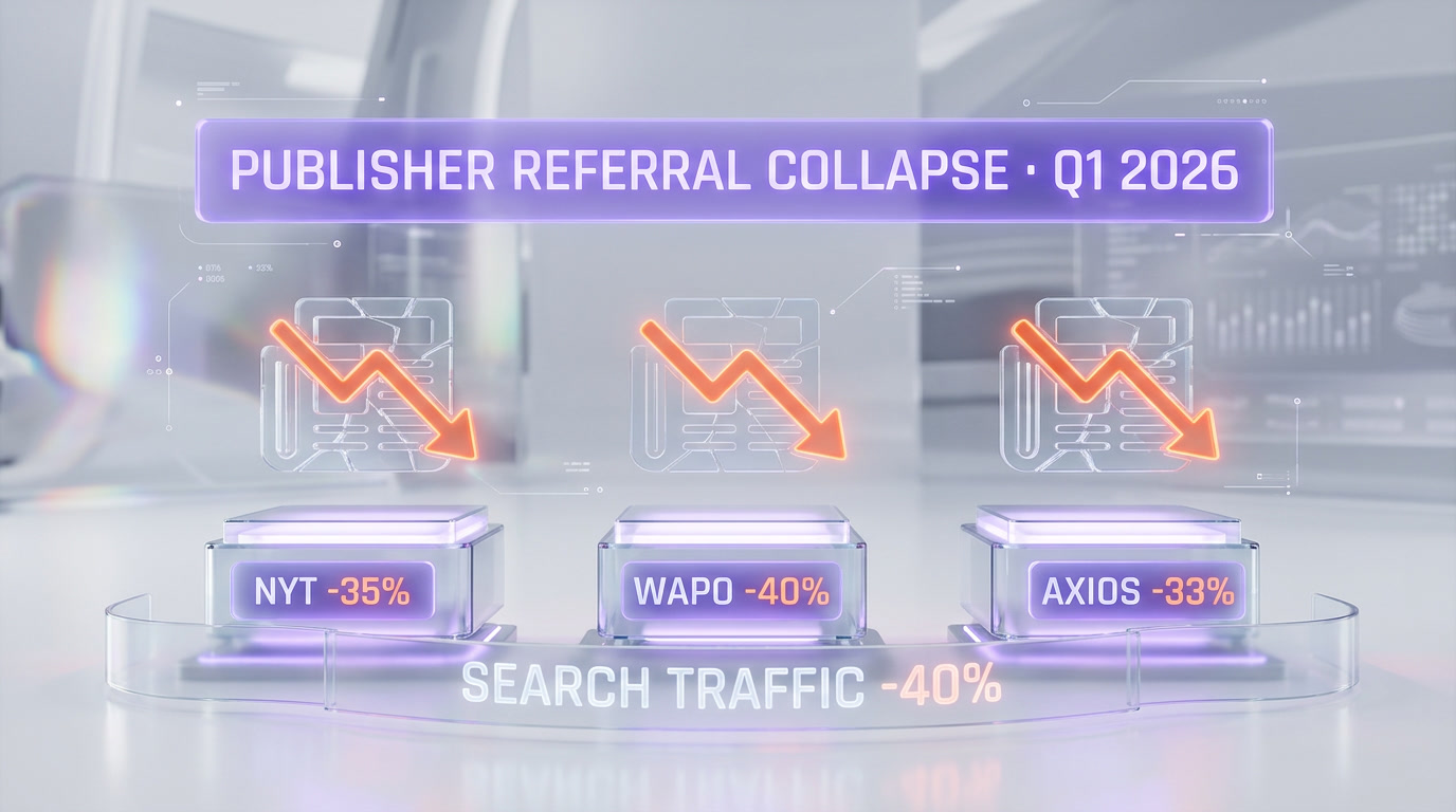 Publisher traffic impact — NYT, Washington Post, Axios reporting 30% to 40% search referral drops in 2026