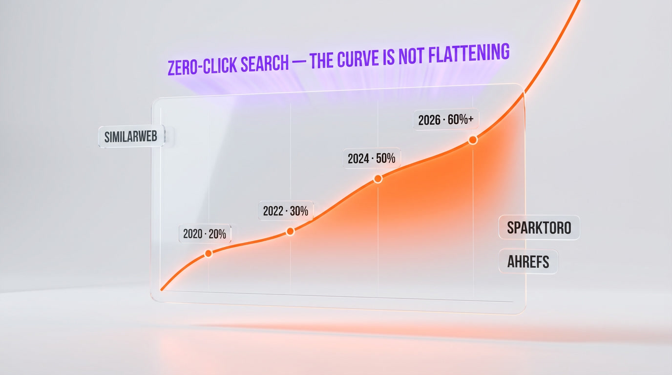 Zero-click search curve from 2020 to 2026 — crossing 60% in April 2026 per Similarweb and SparkToro data