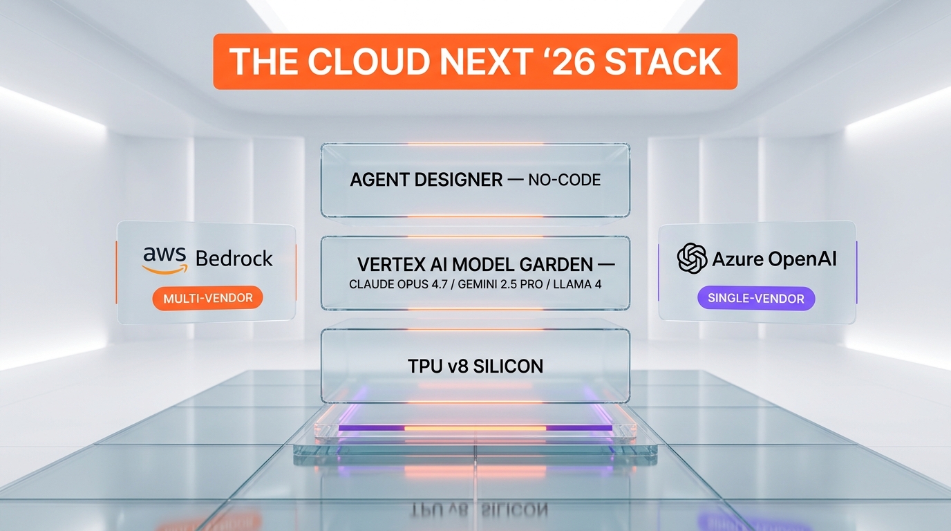 Layered diagram of the Google Cloud Next 26 stack: TPU v8 hardware, AI Hypercomputer, Vertex AI model layer with Gemini 3.1 and Claude Opus 4.7, and Agent Designer no-code interface