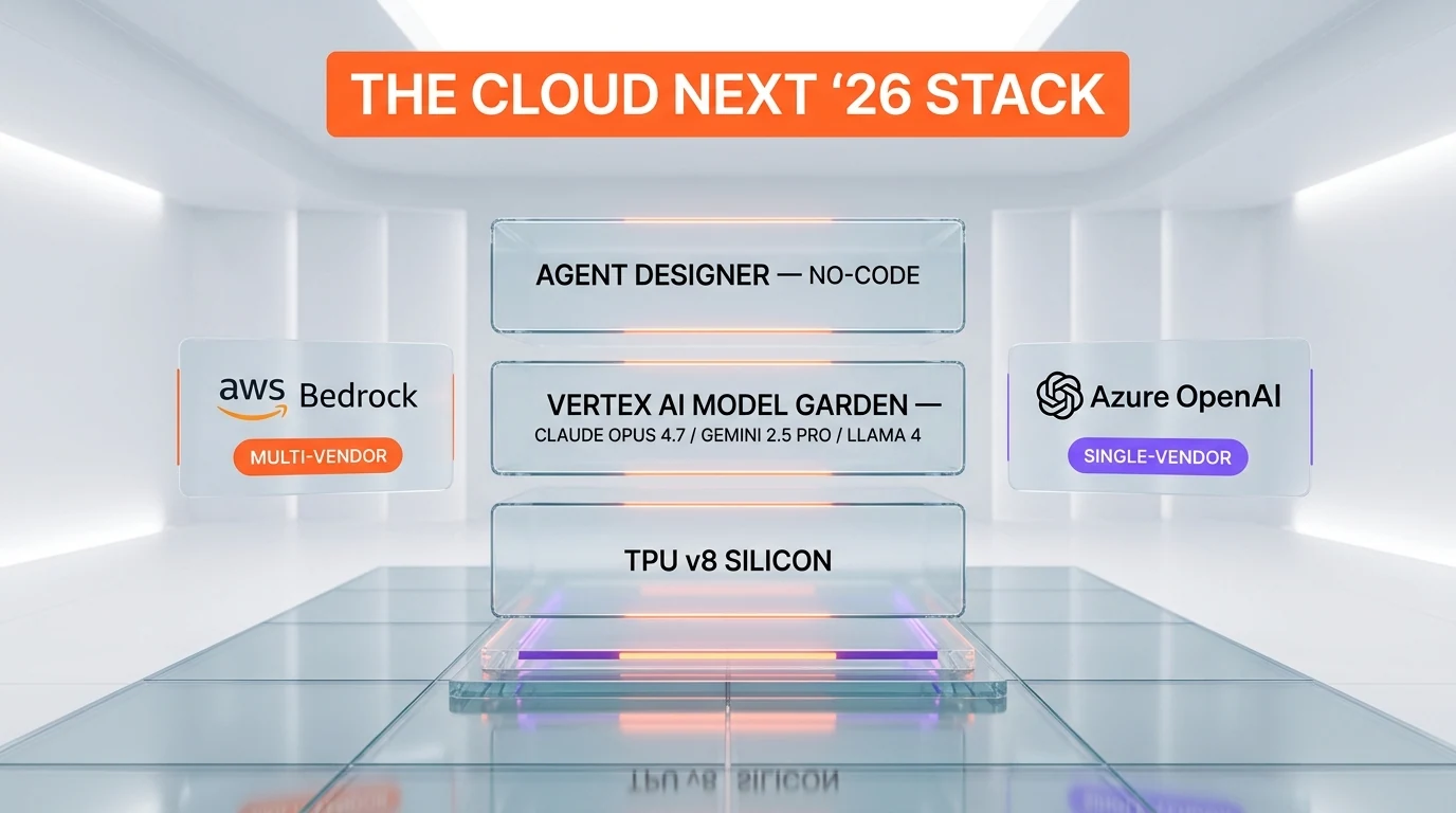 Layered diagram of the Google Cloud Next 26 stack: TPU v8 hardware, AI Hypercomputer, Vertex AI model layer with Gemini 3.1 and Claude Opus 4.7, and Agent Designer no-code interface