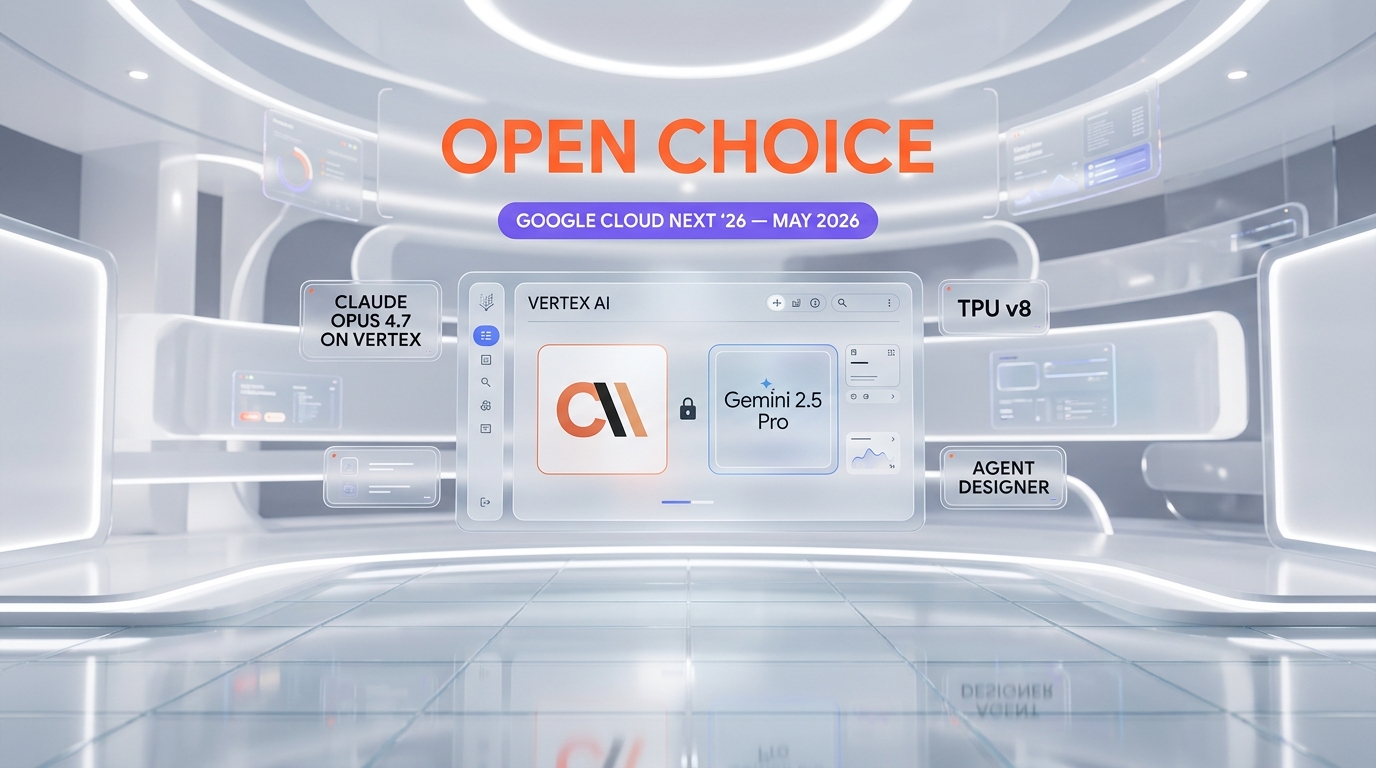 Google Cloud Next 26 keynote stage with Gemini 3.1 Pro and Claude Opus 4.7 logos side by side on Vertex AI