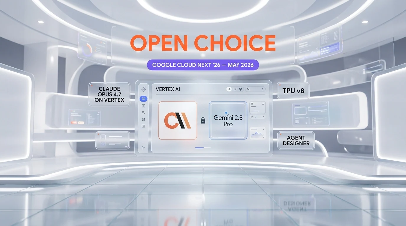 Google Cloud Next 26 keynote stage with Gemini 3.1 Pro and Claude Opus 4.7 logos side by side on Vertex AI