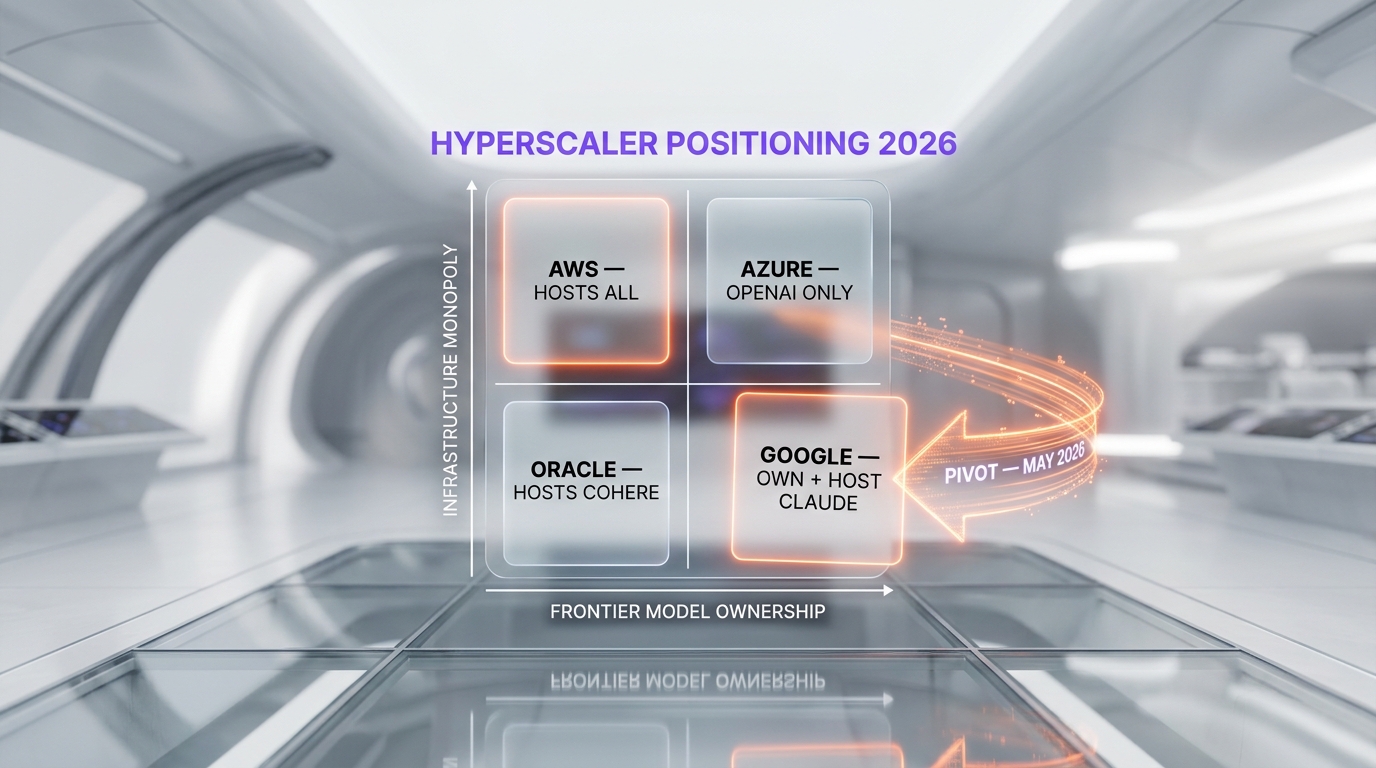 Three column comparison of AWS Bedrock, Google Cloud Vertex AI, and Microsoft Azure showing which frontier models each platform hosts natively as of May 2026