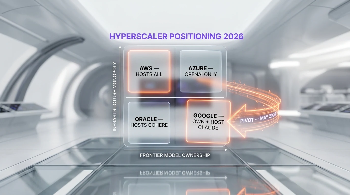 Three column comparison of AWS Bedrock, Google Cloud Vertex AI, and Microsoft Azure showing which frontier models each platform hosts natively as of May 2026