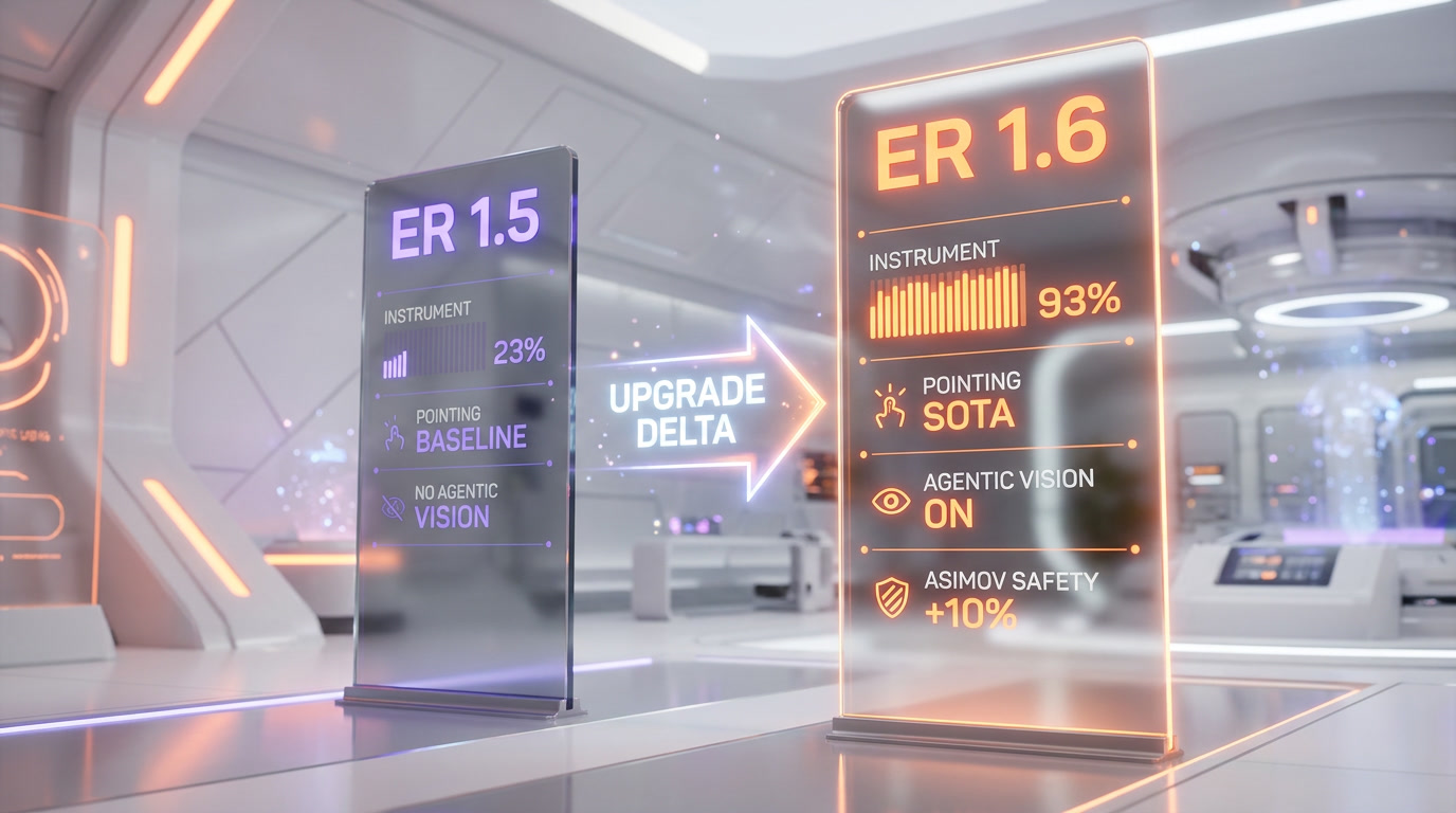 Gemini Robotics-ER 1.5 vs 1.6 improvements — instrument reading, spatial reasoning, pointing, agentic vision, safety