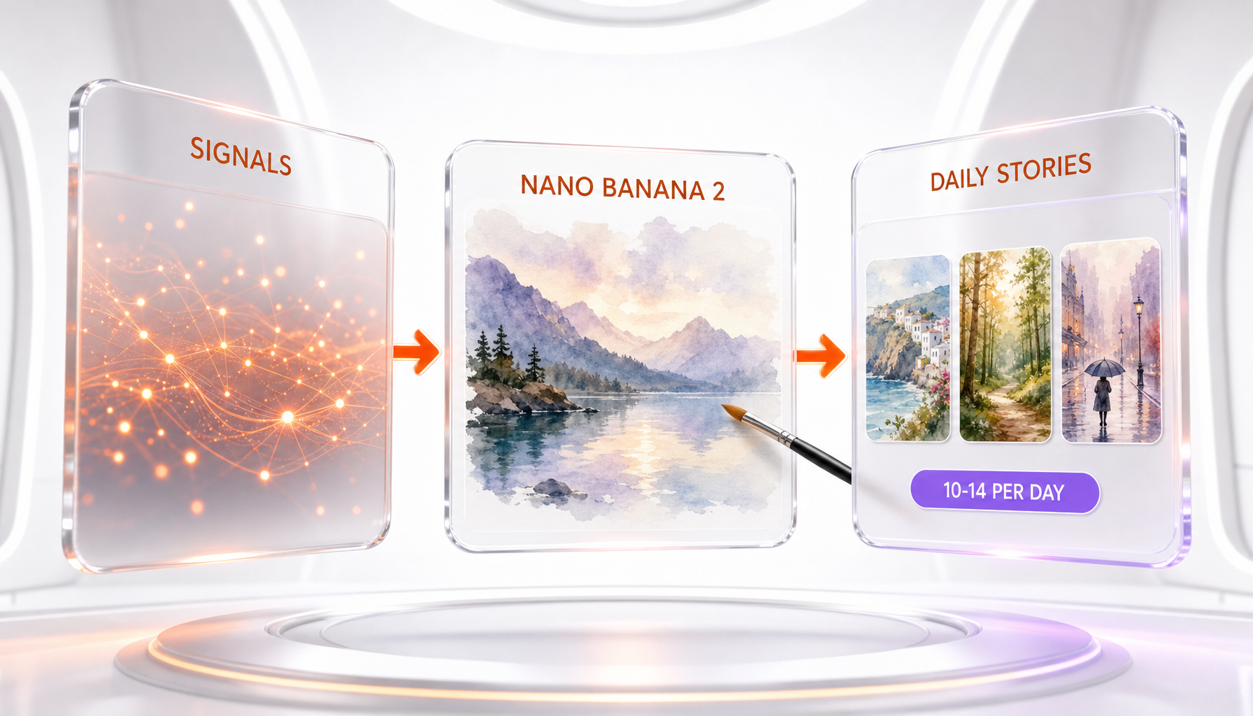 How a Dreambeans story is generated: signals in, watercolor illustrations out, capped per day