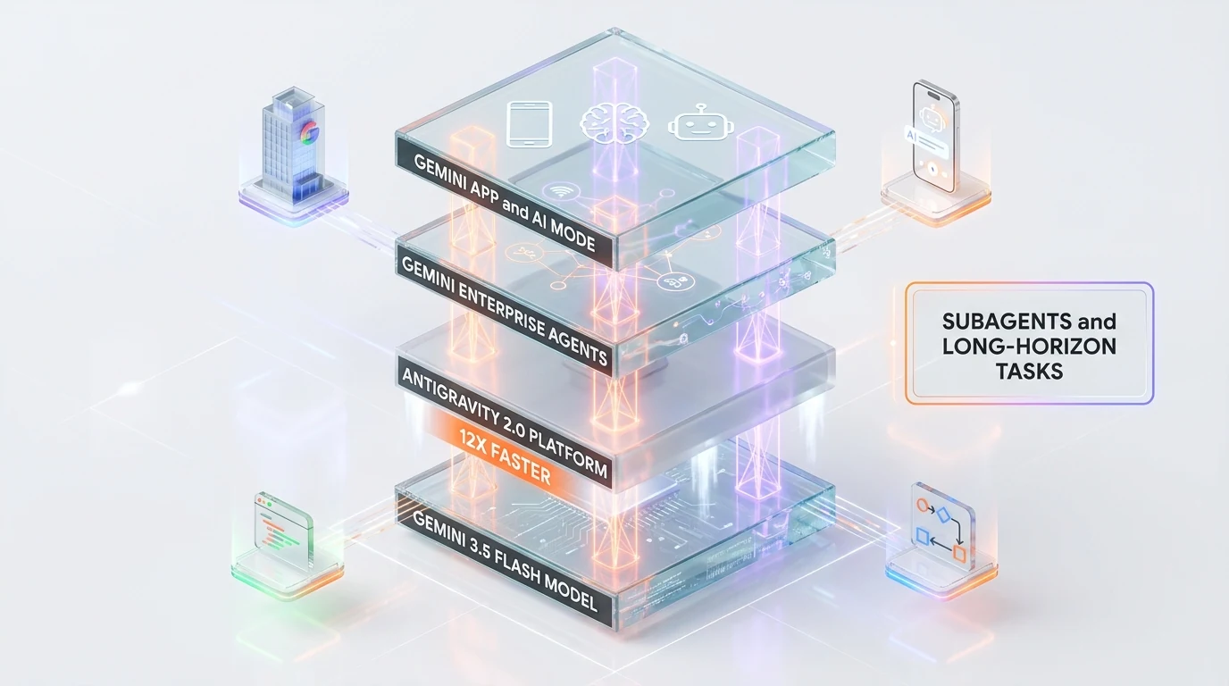 Gemini 3.5 Flash powers Antigravity 2.0, Gemini Enterprise Agents, AI Mode and the Gemini app — 12x faster than other frontier models inside Antigravity