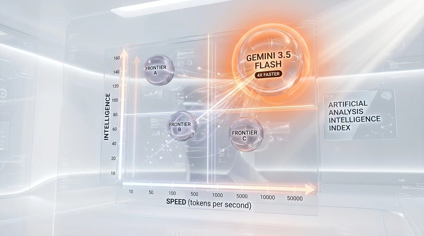 Gemini 3.5 Flash sits in the top-right quadrant of the Artificial Analysis Intelligence Index — high intelligence and 4x faster output speed