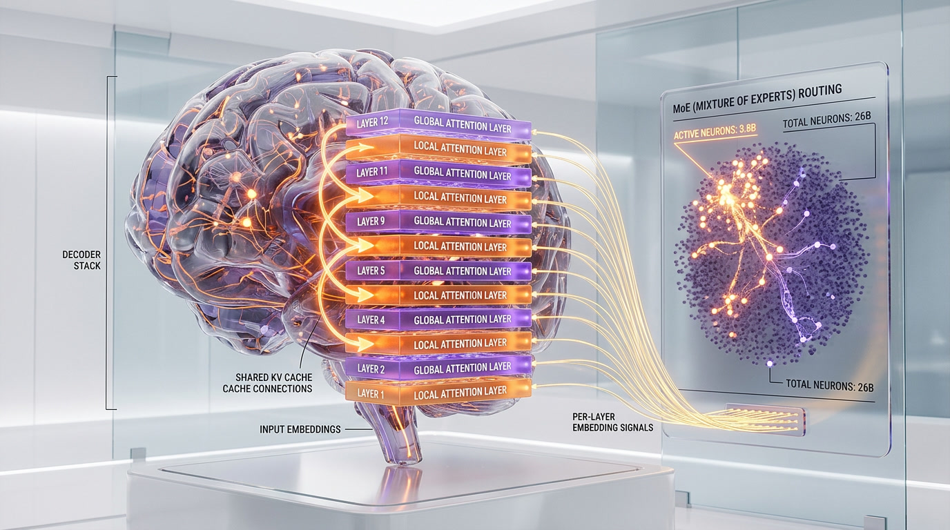 Gemma 4 architecture diagram showing alternating attention, shared KV cache, per-layer embeddings, and MoE routing