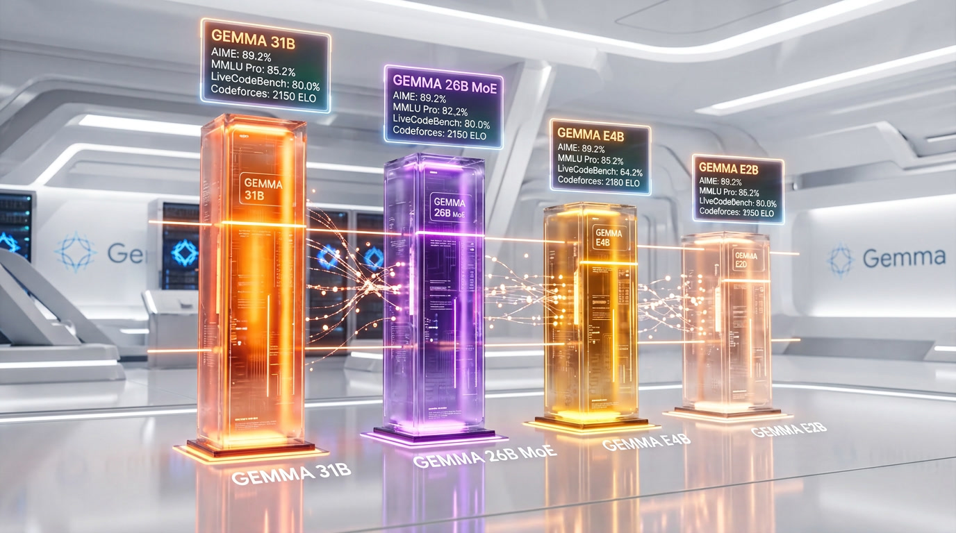 Gemma 4 benchmark comparison chart — 31B vs 26B MoE vs E4B vs E2B across reasoning, coding, and vision tasks