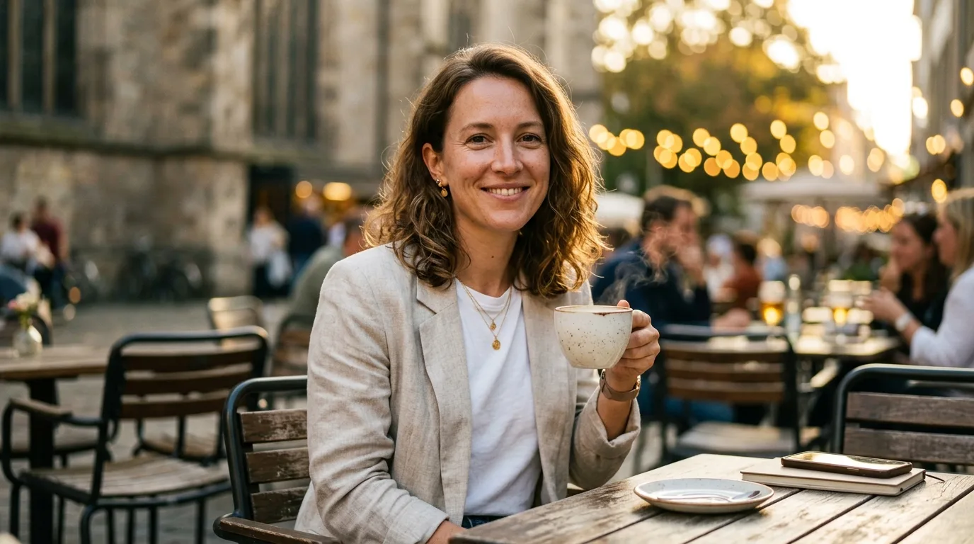 Nano Banana 2 AI generated image via Leonardo API — woman at cafe terrace, golden hour portrait