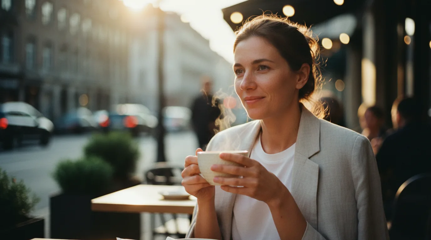 Nano Banana AI generated image — woman at cafe terrace, golden hour, photorealistic portrait test