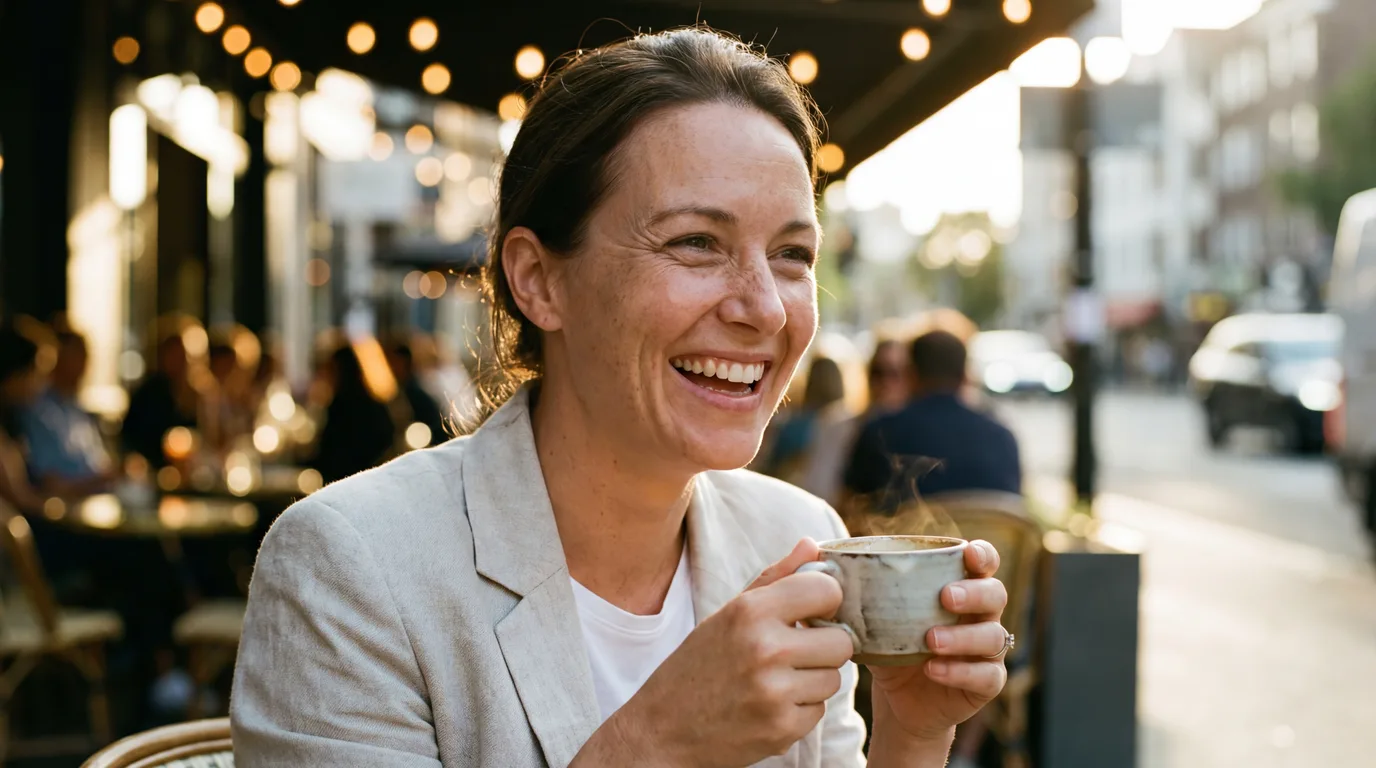 Nano Banana Pro AI generated image — most photorealistic, freckles, natural wrinkles, authentic smile, artisanal ceramic cup