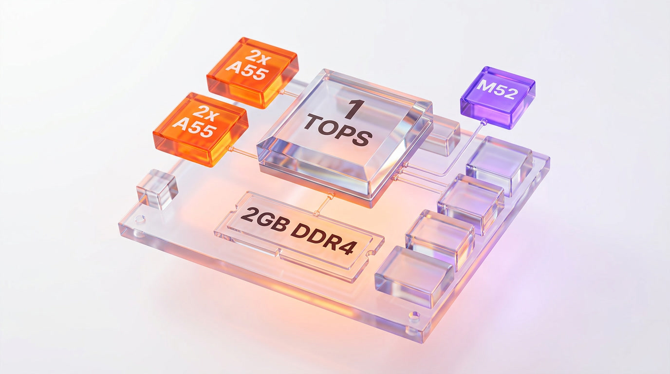 Exploded view of an edge AI board showing dual application cores, a real-time core, a 1 TOPS NPU and 2GB DDR4 memory