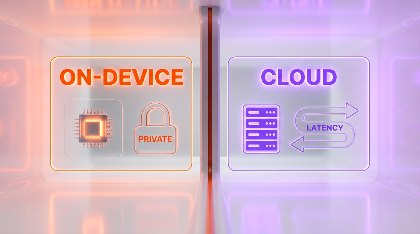 Split comparison of on-device edge inference versus a cloud round-trip showing latency and privacy differences
