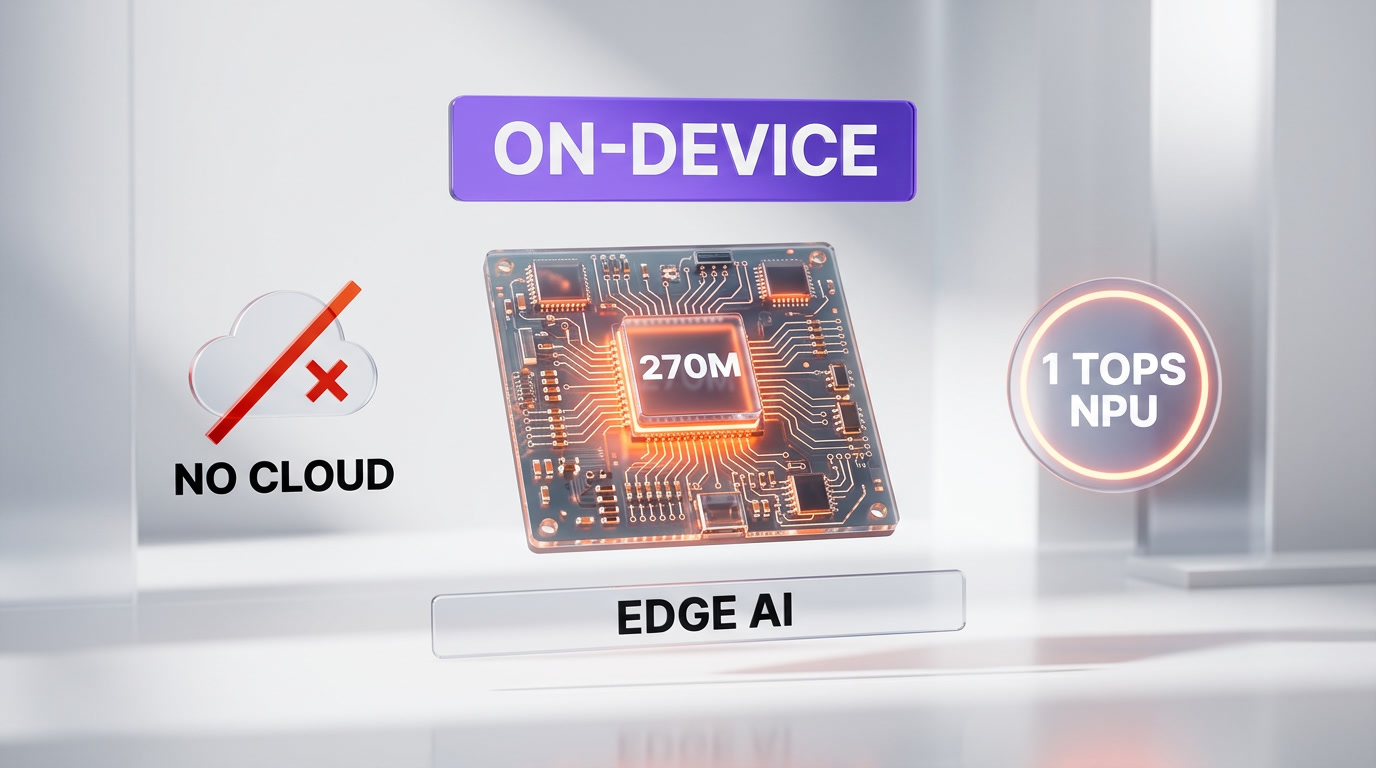 A glassmorphism edge AI board running Gemma 3 270M on-device with no cloud connection