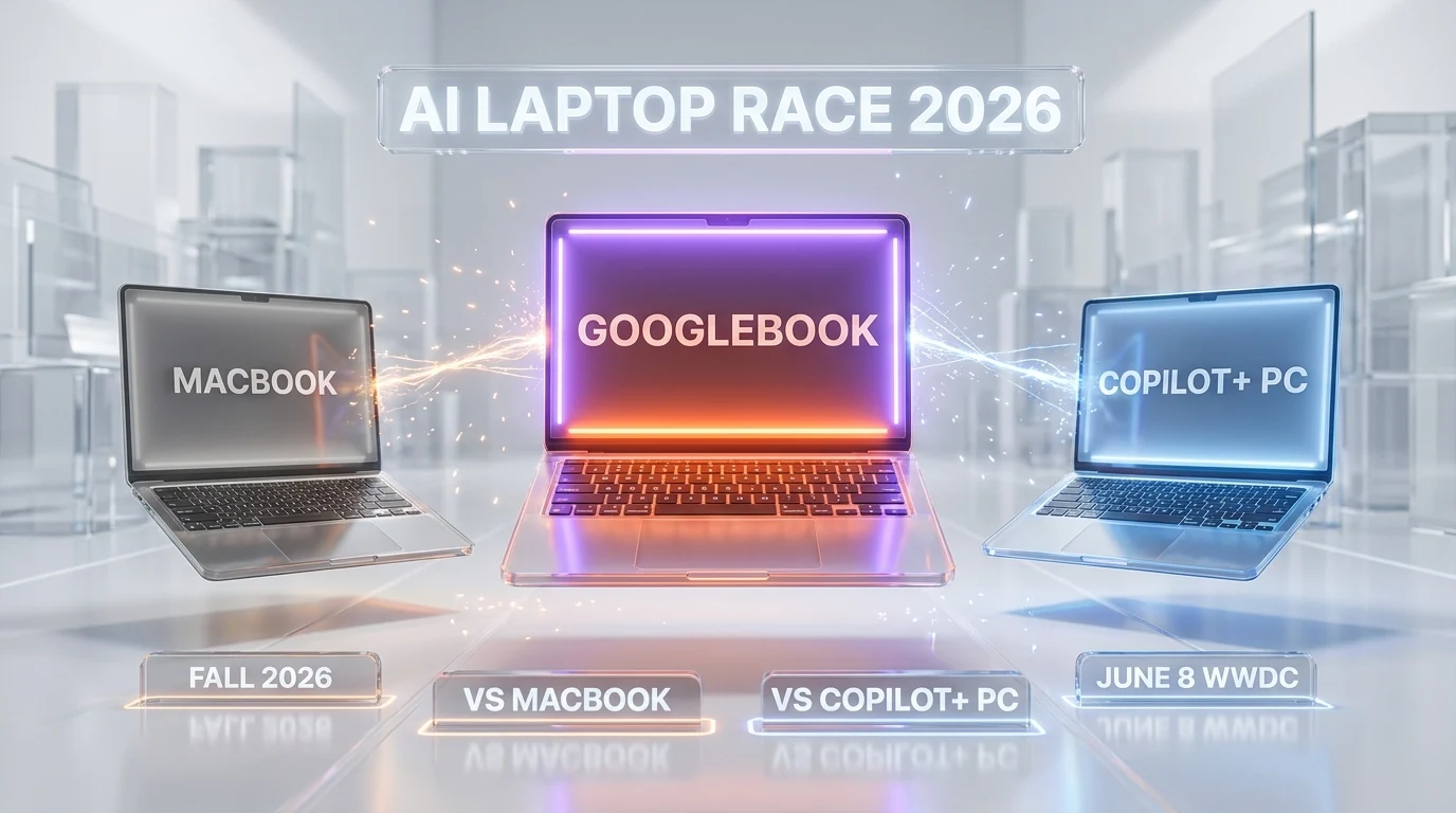 Three-way laptop race: Googlebook center with orange-violet glow, MacBook left grey, Copilot+ PC right cool blue — fall 2026 collision