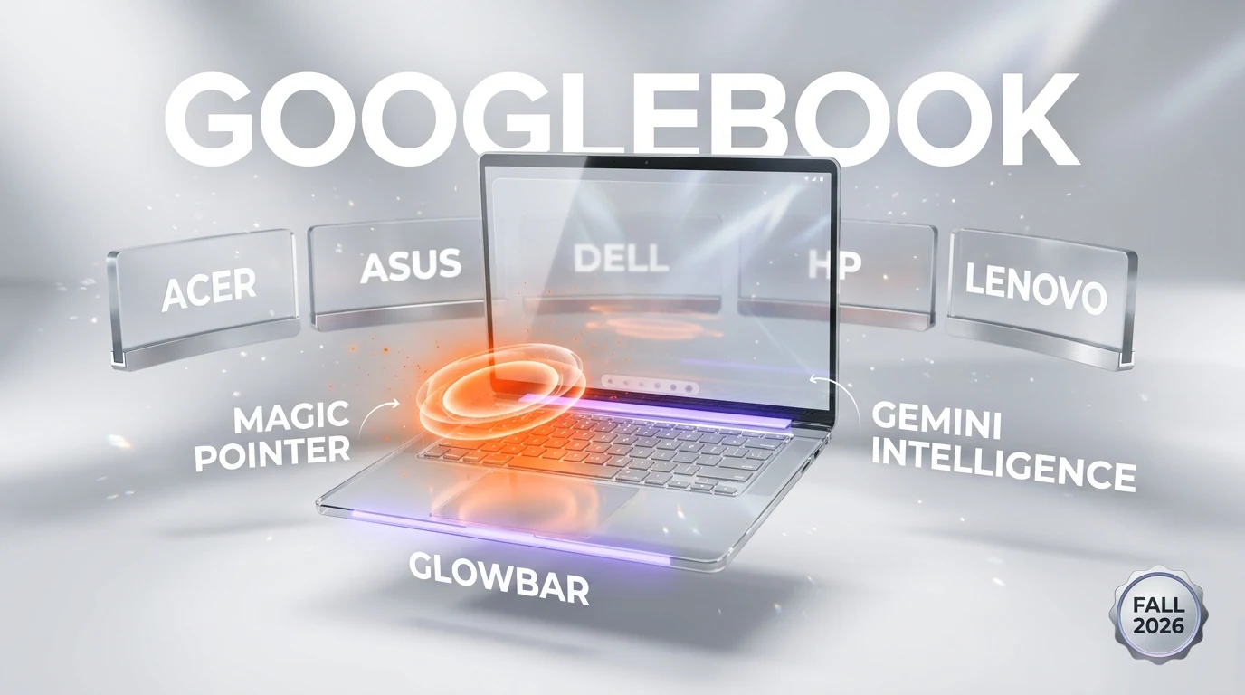 Googlebook with Gemini Intelligence laptop concept render — glassmorphism orange and violet glow