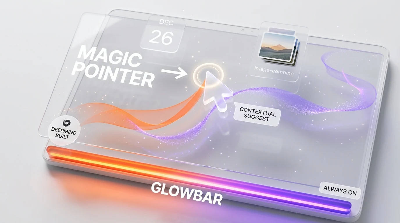 Magic Pointer cursor with translucent suggestion ribbon over Googlebook screen, Glowbar strip glowing orange-violet