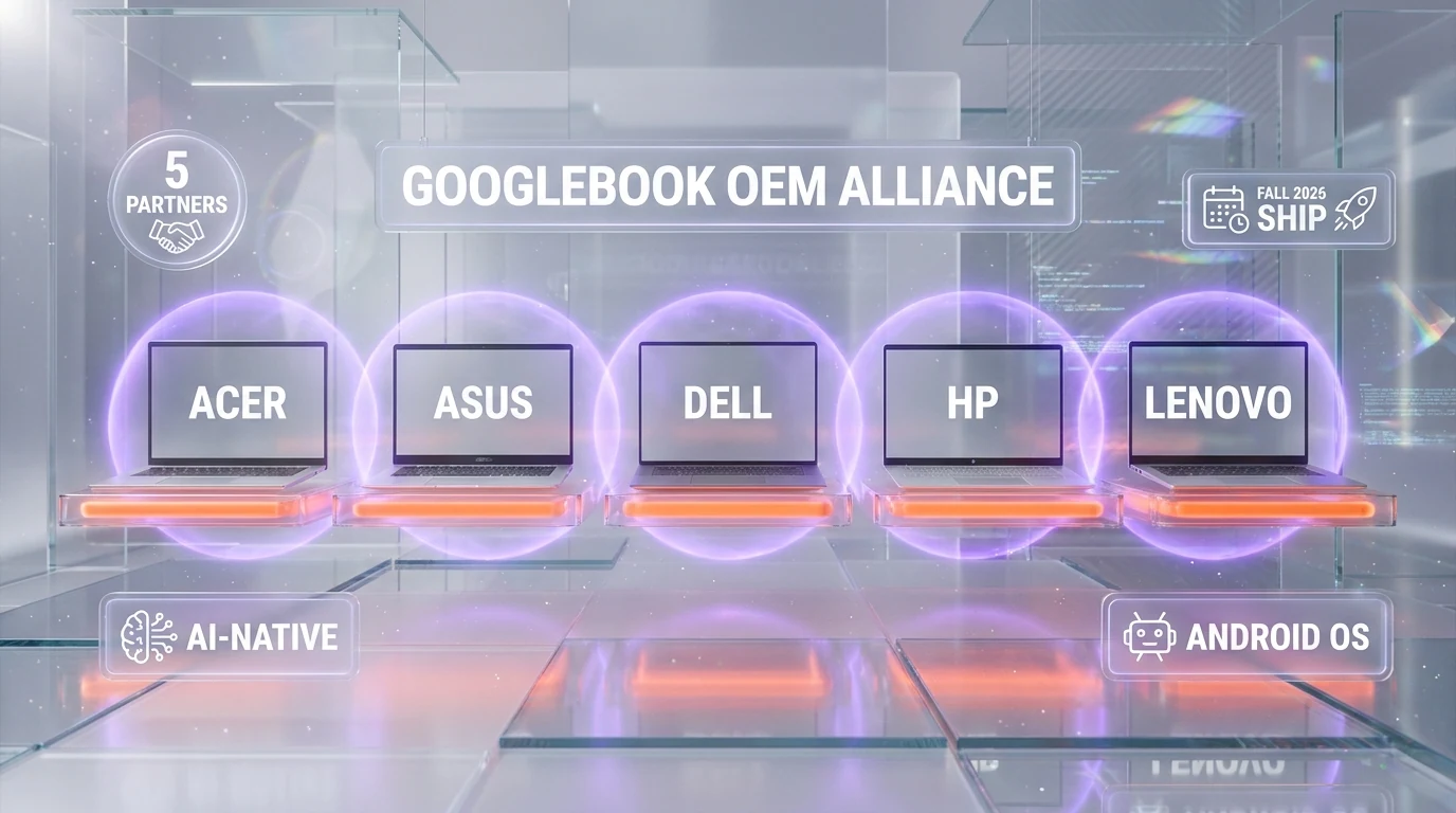 Five Googlebook OEM partners — Acer ASUS Dell HP Lenovo — premium laptop lineup with orange Glowbar and violet ambient halos