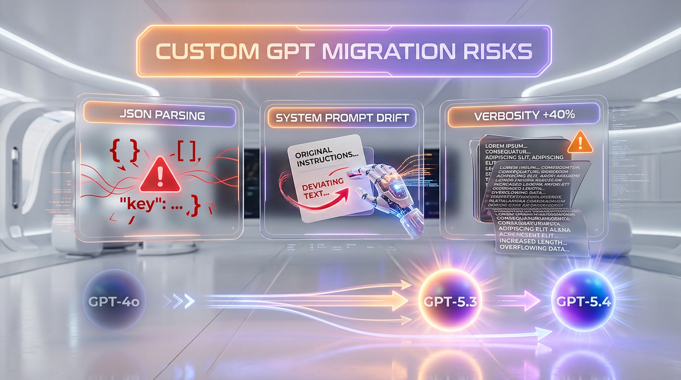 Enterprise Custom GPT migration from GPT-4o to GPT-5.3 and GPT-5.4 showing potential failure modes