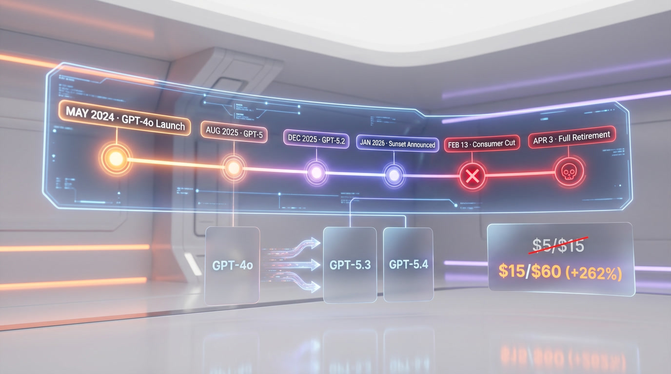 GPT-4o to GPT-5 migration timeline showing phased retirement from February to April 2026
