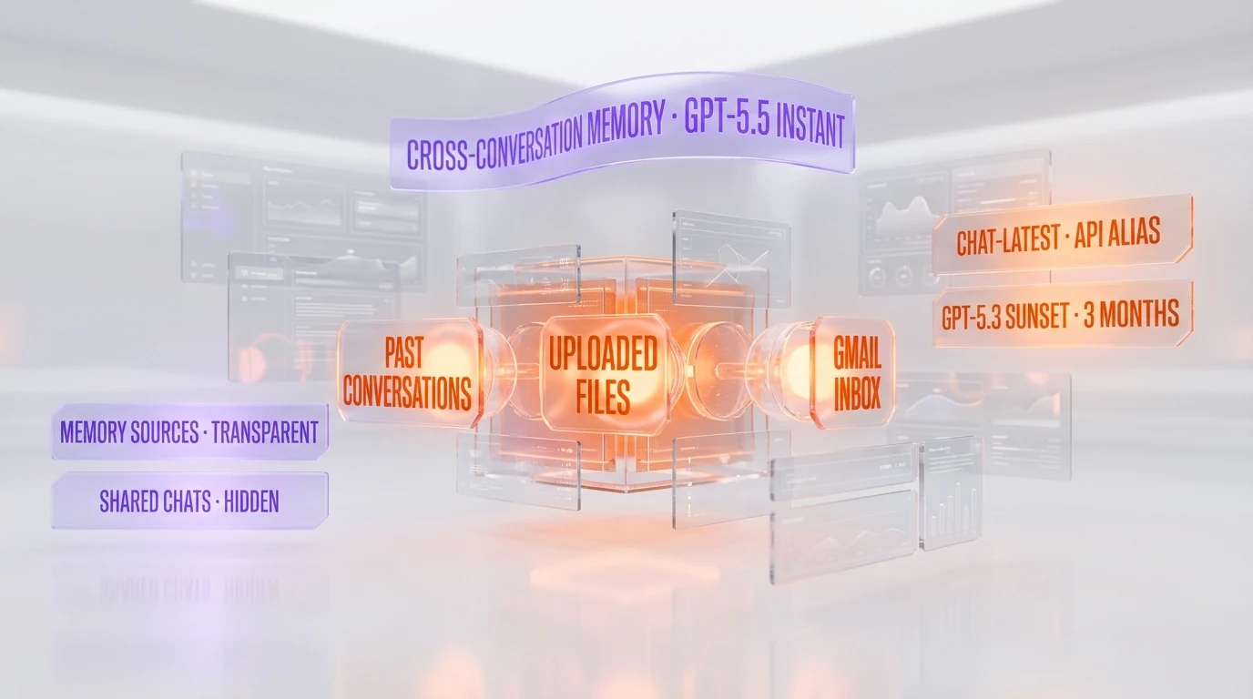 GPT-5.5 Instant cross-conversation memory architecture: past chats, uploaded files, Gmail integration with chat-latest API alias and GPT-5.3 sunset in 3 months