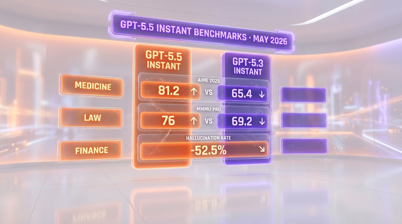 GPT-5.5 Instant vs GPT-5.3 Instant benchmarks: AIME 2025 81.2 vs 65.4, MMMU-Pro 76 vs 69.2, 52.5% fewer hallucinated claims on medicine law finance prompts