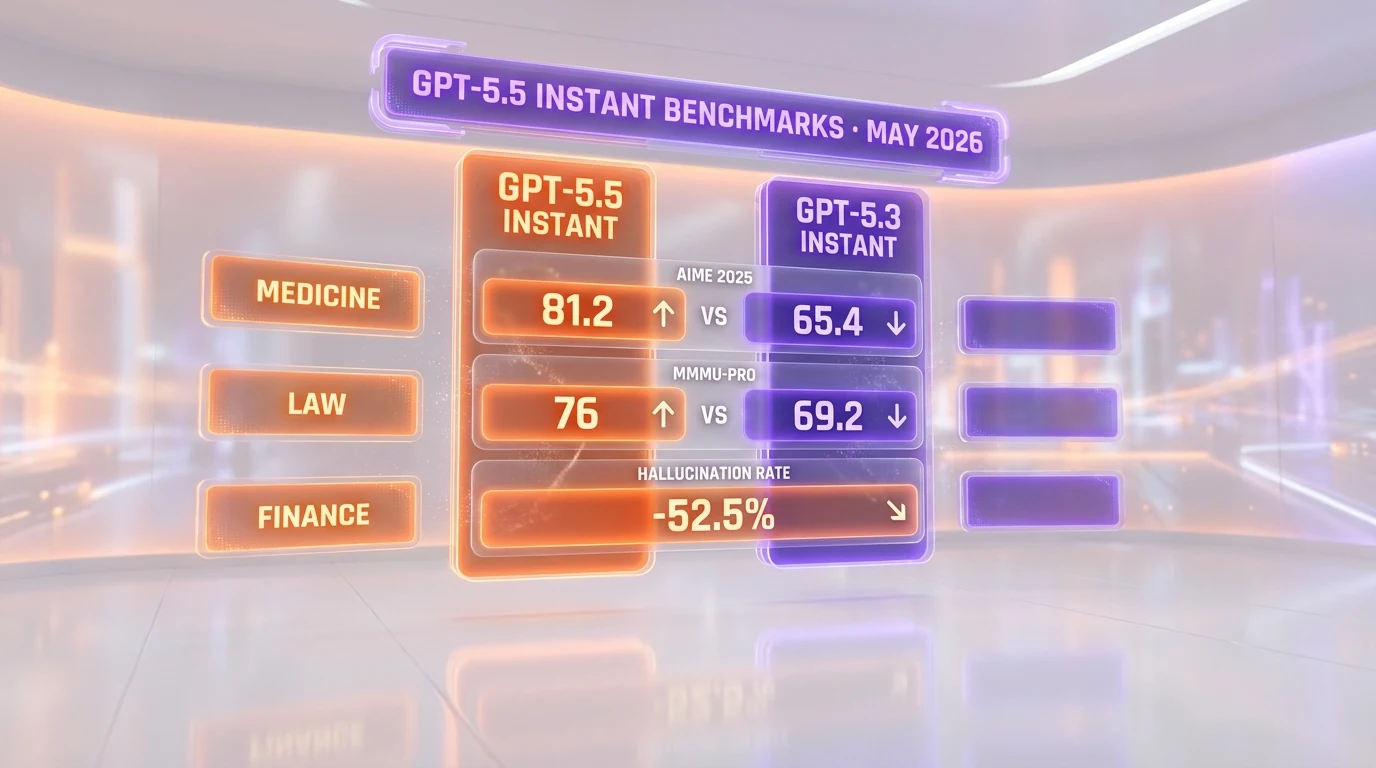 GPT-5.5 Instant vs GPT-5.3 Instant benchmarks: AIME 2025 81.2 vs 65.4, MMMU-Pro 76 vs 69.2, 52.5% fewer hallucinated claims on medicine law finance prompts