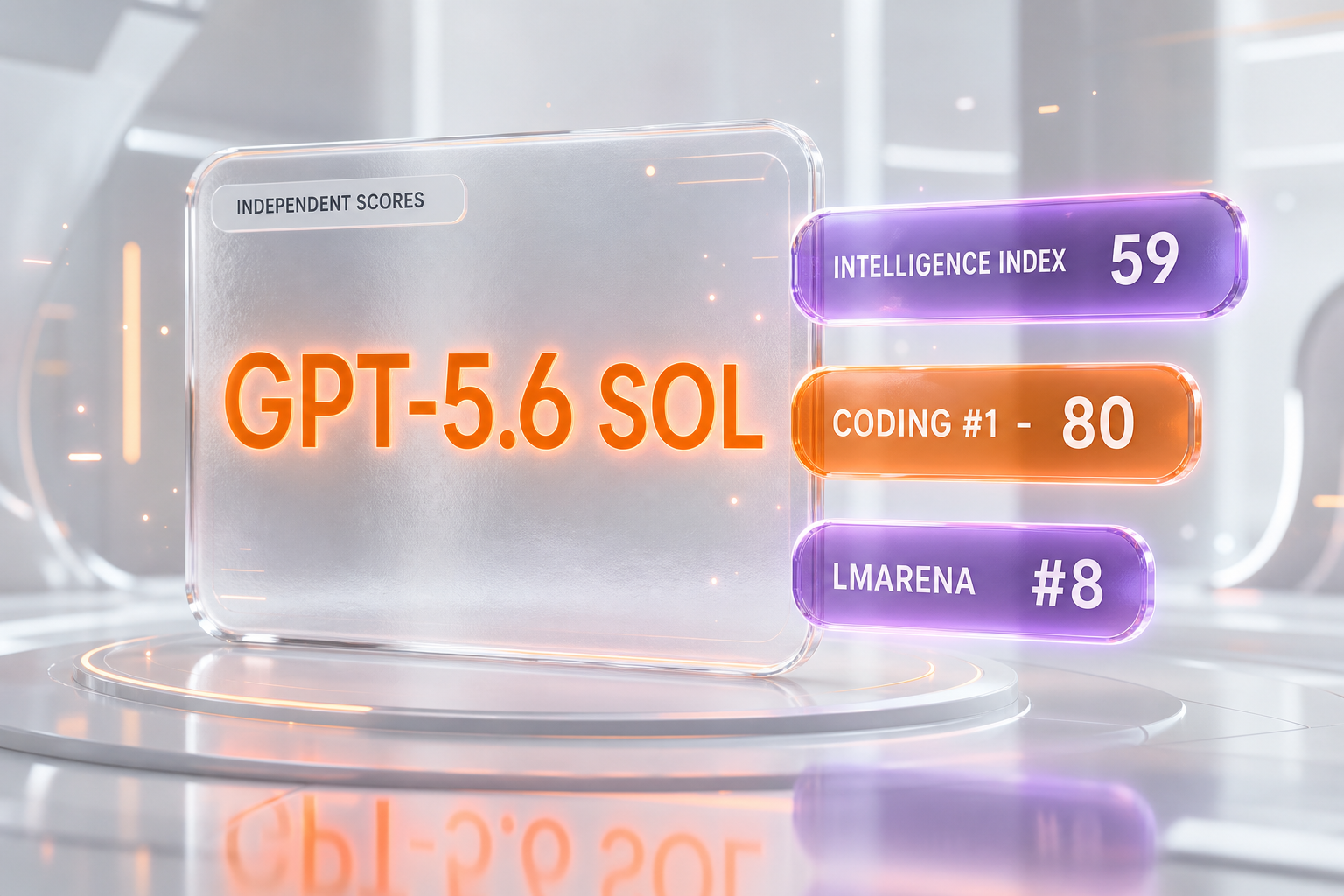 GPT-5.6 Sol on independent benchmarks — Artificial Analysis Intelligence Index 59, Coding Agent Index 80, LMArena eighth