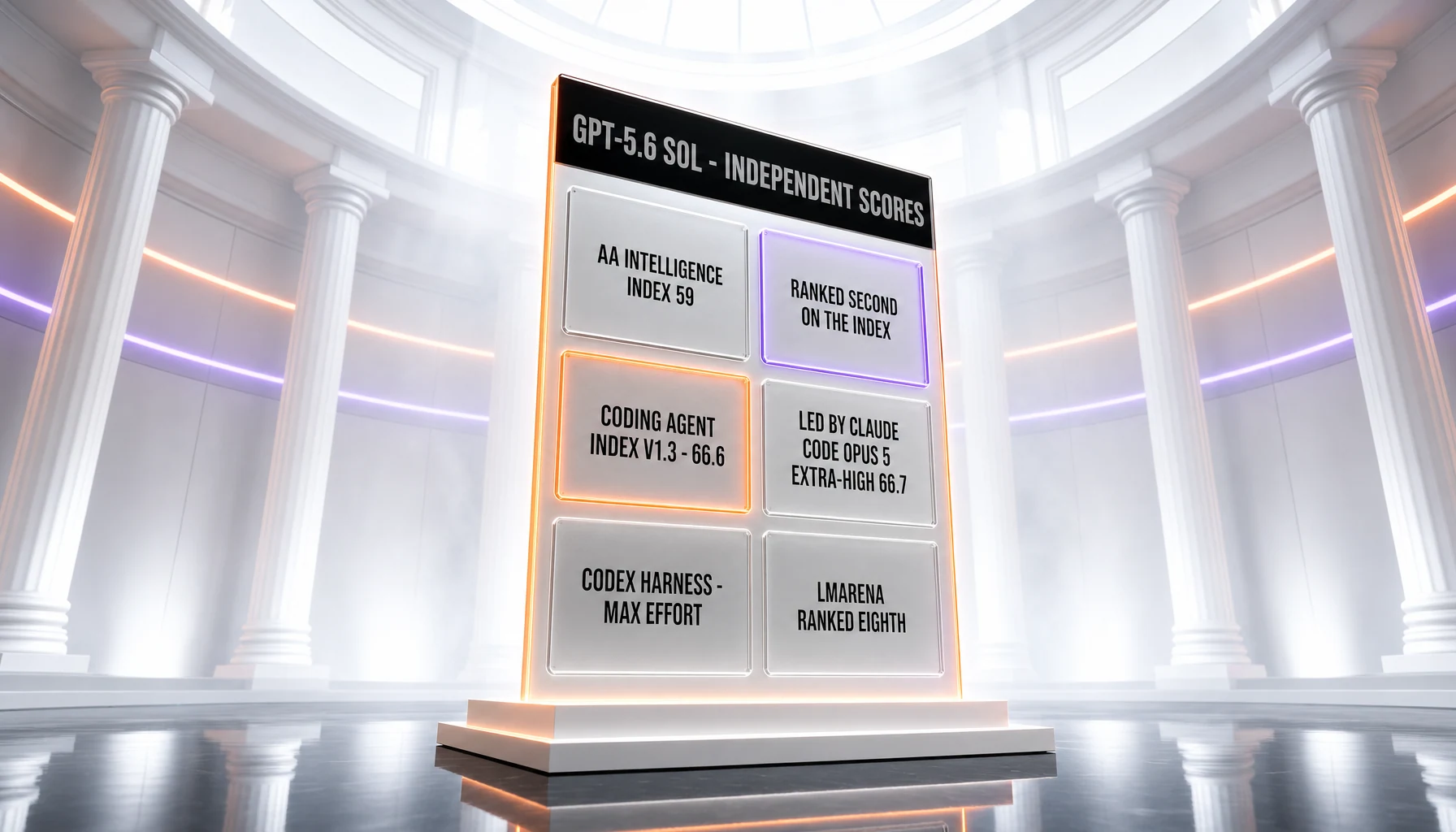 GPT-5.6 Sol on independent benchmarks — Artificial Analysis Intelligence Index 59, Coding Agent Index v1.3 66.6 through the Codex harness at max reasoning effort, ranked second on that index behind Claude Code with Opus 5 at extra-high effort on 66.7, and eighth on LMArena