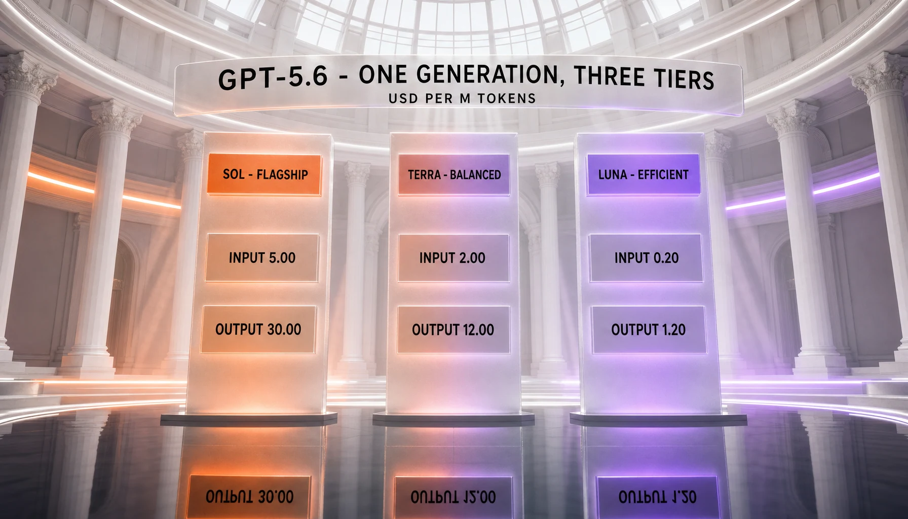 The three GPT-5.6 tiers and their prices — Sol flagship at 5.00 input and 30.00 output, Terra balanced at 2.00 input and 12.00 output, Luna efficient at 0.20 input and 1.20 output, in USD per million tokens