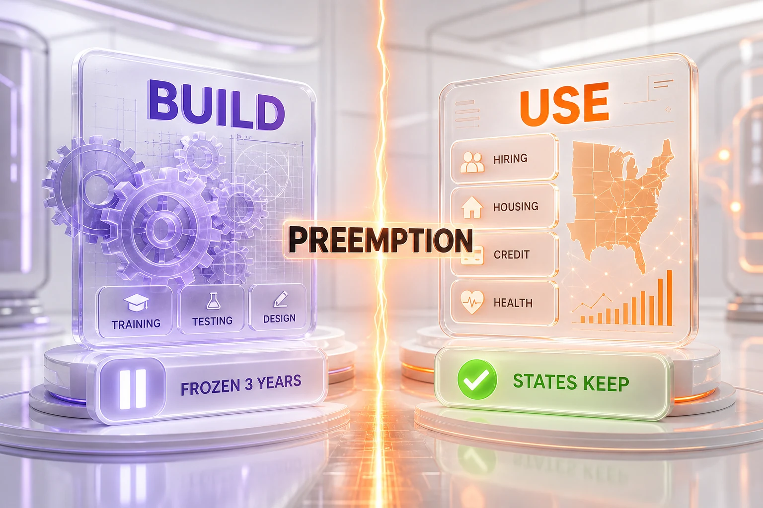 Conceptual diagram splitting AI regulation into build versus use, federal freeze on development laws, states keep deployment authority, June 2026