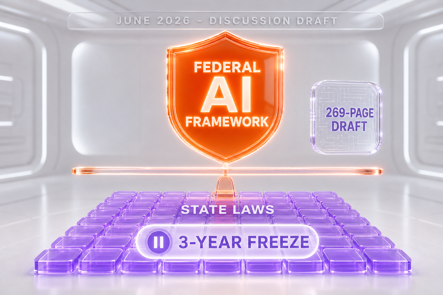 Editorial 3D illustration of the Great American AI Act as a federal framework preempting state AI development laws, build vs use split, June 2026