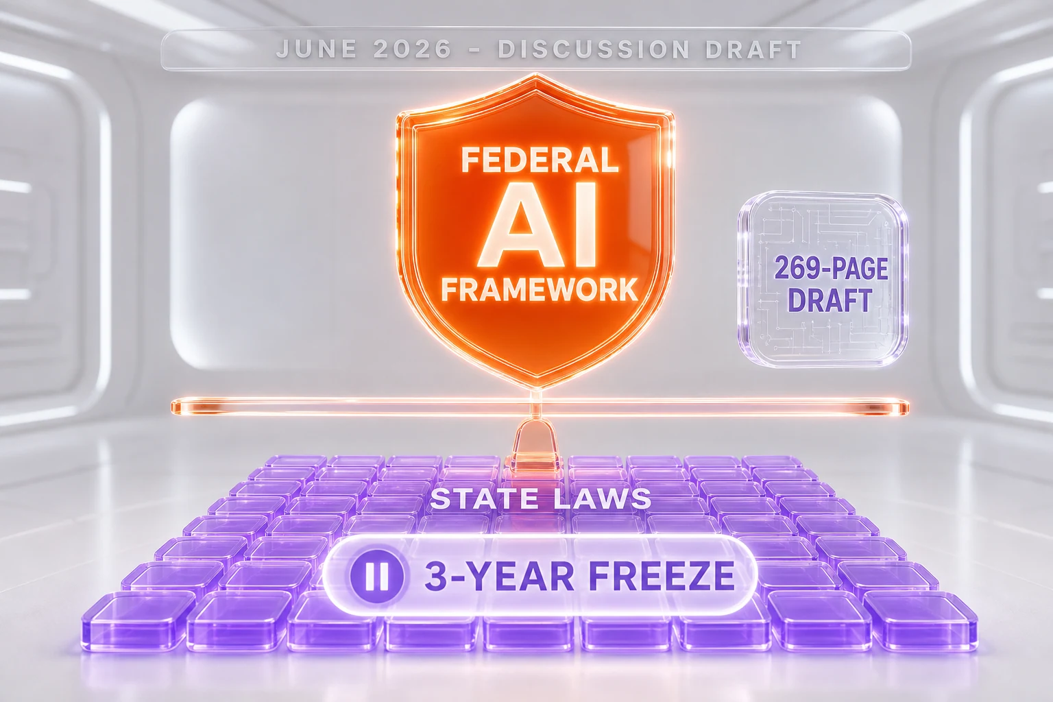 Editorial 3D illustration of the Great American AI Act as a federal framework preempting state AI development laws, build vs use split, June 2026