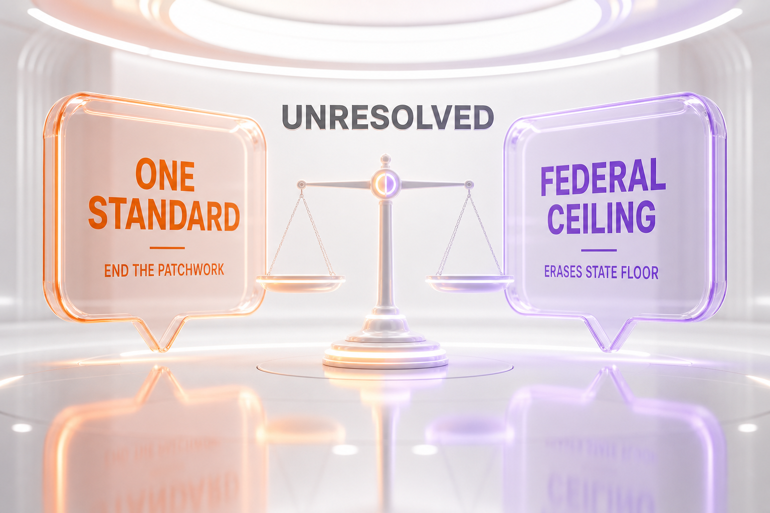 Balanced split illustration of the two readings of the Great American AI Act, uniformity versus federal ceiling argument, neutral framing June 2026