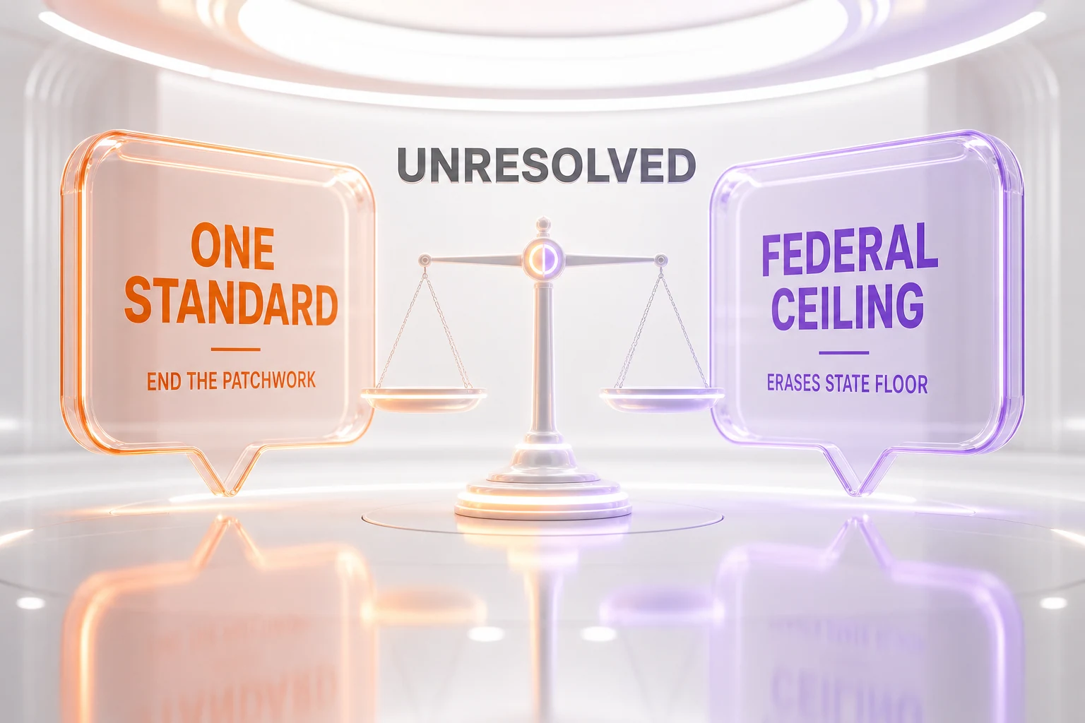 Balanced split illustration of the two readings of the Great American AI Act, uniformity versus federal ceiling argument, neutral framing June 2026