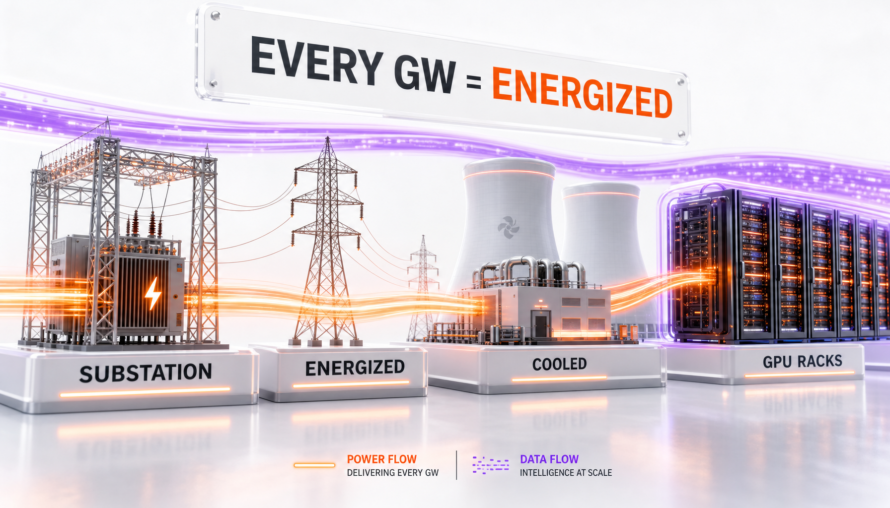 AI infrastructure and energy convergence — substation to GPU rack power chain